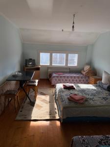 ein Zimmer mit zwei Betten und einem Tisch und einem Schreibtisch in der Unterkunft ЯВіС in Mamaivci Village
