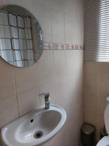 a bathroom with a sink and a mirror at Mandy & Mos' Greenfields Cottage in Gaborone