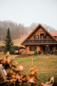 ein großes Holzhaus auf einem Feld mit in der Unterkunft Rustikalna kuća Snowdrop s kaminom u Begovom Razdolju, Gorski kotar in Begovo Razdolje