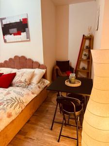 ein Schlafzimmer mit einem Bett und einem Tisch und Stühlen in der Unterkunft Studio cosy en plein centre in Chalon-sur-Saône