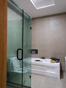 AjaElysian shores suites - BRADFORD的浴室配有马桶和玻璃淋浴房