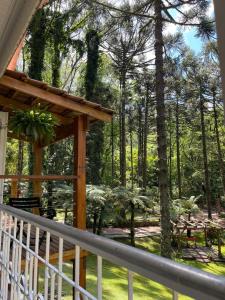 a porch of a cabin with a view of the woods at Morada Tito Georgi in Gramado +14 photos