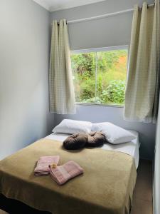 - un lit avec deux oreillers et une fenêtre dans une chambre dans l'établissement Casa próxima ao centro a 3 min de carro, à São Lourenço