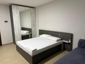 Un dormitorio con una cama grande y un espejo. en Rooftop Gallery Hostel, en Tirana