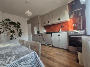 Una cocina con gabinetes blancos y una estufa negra. en Homestay Machom, en Oščadnica