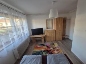 Una sala de estar con televisión y una ventana. en Homestay Machom, en Oščadnica