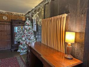 ein Weihnachtsbaum in einem Zimmer mit einem Tisch und einer Lampe in der Unterkunft Duvale Priory - 9985 in Bampton