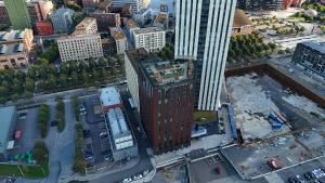 an overhead view of a tall building in a city at Karlatornet Sky Level in Gothenburg +67 photos