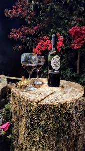 eine Flasche Wein und zwei Gläser auf einem Baumstumpf in der Unterkunft Charmoso Chalé container em Piracaia, in Piracaia