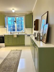 a green kitchen with green cabinets and a counter at Historic villa with large garden in Stord