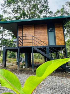 a house with a green roof and a green plant at Cabañas La Hermosa #2 in Guápiles