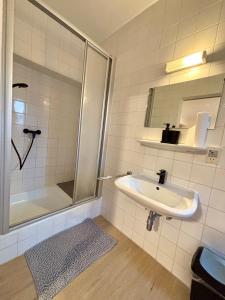 a bathroom with a sink and a shower at kERVANHOF an der Donau in Kleinpöchlarn