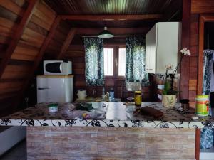 a kitchen with a counter top in a room at Chalé da Vandisa in Ilhabela +23 photos
