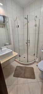 een badkamer met een douche, een bad en een wastafel bij CEDAR LODGE LUX Apartment B11 in Bansko