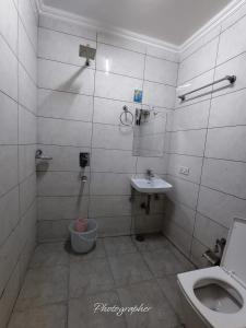 a bathroom with a toilet and a sink at Hotel Blu Bird in New Delhi