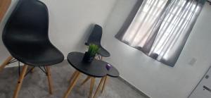 zwei schwarze Stühle und eine Pflanze auf einem Tisch in der Unterkunft Duplex La Luna in Mar del Tuyú