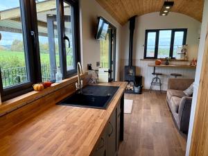 eine Küche mit Spüle in einem winzigen Haus in der Unterkunft Bramley Shepherds Hut - Whimple in Whimple
