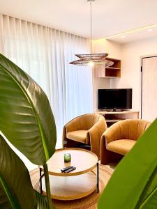 un salon avec deux chaises et une table et une télévision dans l'établissement Aurelia Residence, à Ampavris