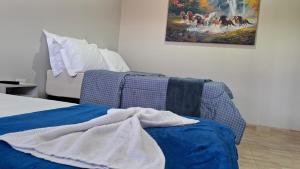 a bedroom with a bed and a painting on the wall at Suíte Harmonia 1 in Campo Grande