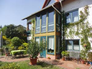 ein Haus mit blauen Fenstern und einer Terrasse in der Unterkunft Ferienwohnung Rösner in Herzhausen