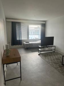 a living room with a bed and a table at Hostel400Kokkola Kaksio Hollihaka in Kokkola