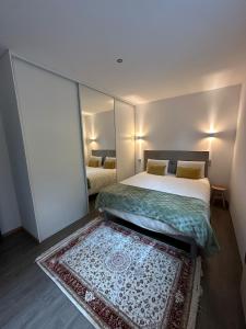 une chambre avec deux lits et un tapis dans l'établissement Une appartement entier à Brive la gaillarde, à Brive-la-Gaillarde