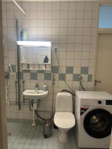 a bathroom with a toilet and a sink and a washing machine at Hostel400Kokkola Kaksio Hollihaka in Kokkola