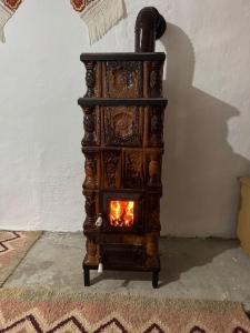Ein alter Holzofen befindet sich in einem Zimmer in der Unterkunft Glamping - Casuta de pe Fiad in Romuli