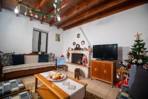 a living room with a christmas tree and a television at Mikros Paradisos Pelion in Áyios Vlásios