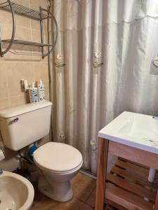 a bathroom with a toilet and a sink and a shower curtain at Las Grutas Star in Las Grutas