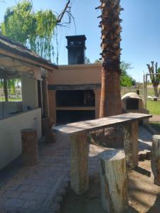 a wooden bench sitting next to a palm tree at La gran morada in Corralitos