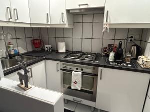 a small kitchen with a stove and a sink at The Stag Ultracentral OldTown Apartment in Braşov +19 photos