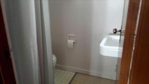 une salle de bains avec toilettes et lavabo dans l'établissement Rustic Cabin on the Shores of Pine Lake, Michigan, à Wellston