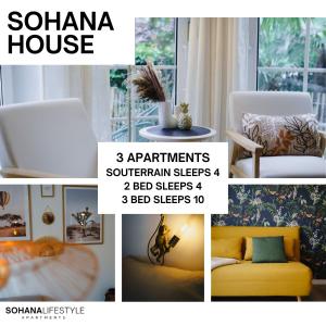 a collage of photos of a room with a yellow house at Sohana House Rust I Lifestyle Apartments in Rust