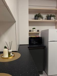 een kleine keuken met een magnetron en een koelkast bij President 59 in Craiova