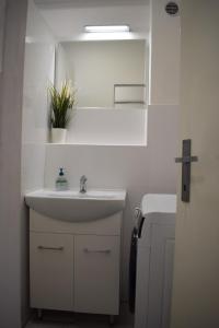 ein weißes Badezimmer mit Waschbecken und Spiegel in der Unterkunft DáMa in Ružomberok + 22 Fotos