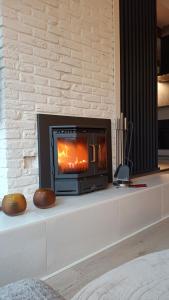 a fireplace is sitting on a living room mantle at Vakantiehuis Lycka in Noordwijkerhout