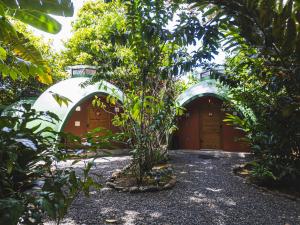 two domes in the middle of a garden with trees at Nowhere in Bocas del Toro