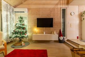 a living room with a christmas tree and a television at Arctic Escape Near Santa Claus Village in Rovaniemi