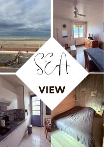 a collage of photos of a kitchen and a beach at Sea View in Quend-Plage