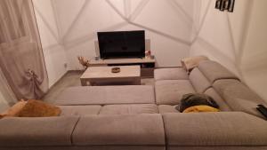 a living room with a couch and a tv at Maison 2 chambres proche circuit 24h et toutes commodités in Arnage +1 photo