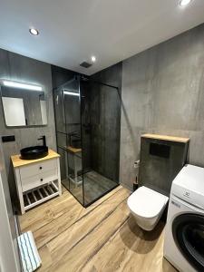 ein Badezimmer mit Dusche, Toilette und Waschbecken in der Unterkunft Serenity Briolance in Blanquefort-sur-Briolance