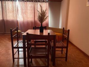 uma mesa de jantar e cadeiras com uma planta em Residencial P&P em Mindelo