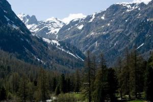Blick auf eine Bergkette mit schneebedeckten Bergen in der Unterkunft Chesa Filomela in Bever