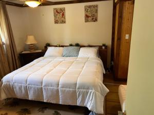 - une chambre avec un grand lit et une couette blanche dans l'établissement Maison de vacances, à Rivière-Rouge