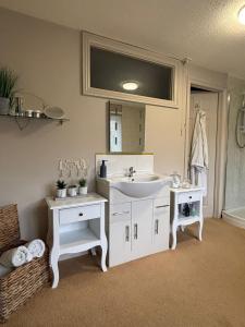 Un baño con un lavabo blanco y un espejo. en Spacious Two-Bedroom Guest Suite, Exmouth, en Lympstone