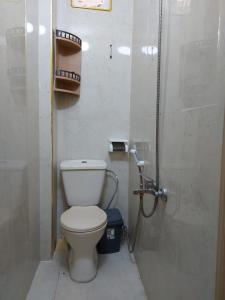 a small bathroom with a toilet and a shower at Stone house in Amman