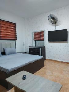 a bedroom with a bed and a flat screen tv at Stone house in Amman