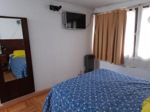 une chambre avec un lit, un miroir et une fenêtre dans l'établissement Tu Alojamiento en Mar del Plata, à Mar del Plata