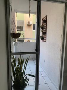 a sliding glass door with a plant in a room at Apartamento Solaris in São Luís +2 photos
